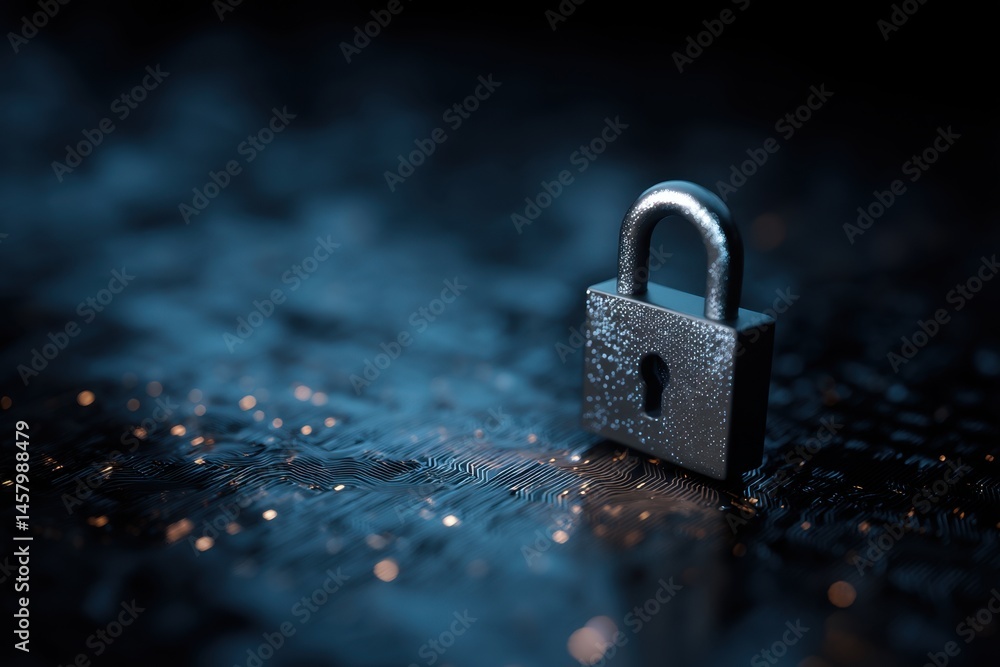 Poster silver padlock securing digital data on circuit board close up security concept cybersecurity protec