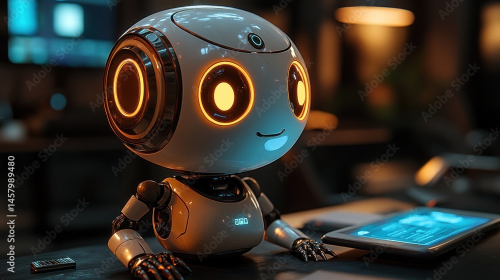 Poster futuristic friendly robot with glowing eyes working with tablet device
