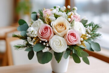 Obraz premium Delicate bouquet of roses standing in white vase on table