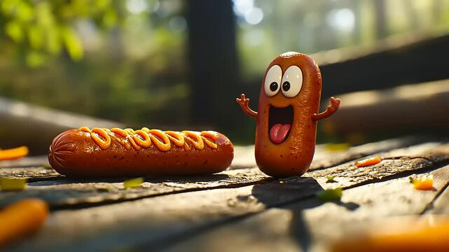 Playful cartoon sausages in a sunlit forest, one excitedly greeting the viewer, vibrant background