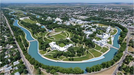 Scenic Aerial View of Lush Green Park with Curving River and Historical Architecture