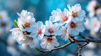 Blossoming apricot tree branches against blue peaceful background concept. Beautiful white cherry blossoms on a branch against a blue backdrop.