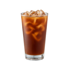 Refreshing glass of iced coffee with ice cubes, showcasing rich, dark brown color, perfect for cool, energizing drink