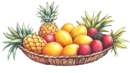Hand-drawn colorful fruit arrangement in a wicker basket.