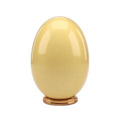 Shiny, smooth, golden egg shaped object stands on small base, reflecting light. Its polished surface gives it elegant and luxurious appearance, perfect for decoration or display