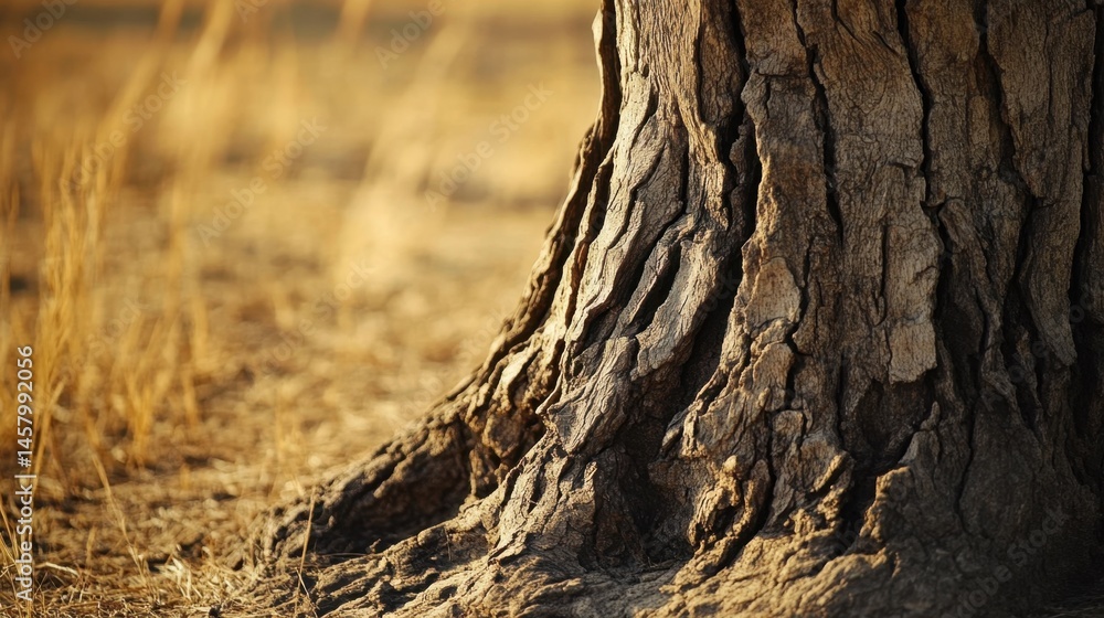 Poster close up of a tree trunk with textured bark in a field of dry grass at golden hour in nature