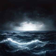 Dramatic seascape painting of stormy ocean waves under dark clouds with a glimmer of light on the horizon artistic illustration