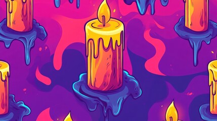 Vibrant Cartoon Candle Pattern with Dripping Wax and Colorful Background