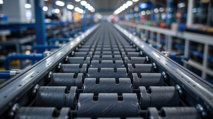 Obraz premium Conveyor belts in machinery transport system inside factory with metal rollers and industrial equipment in large manufacturing facility