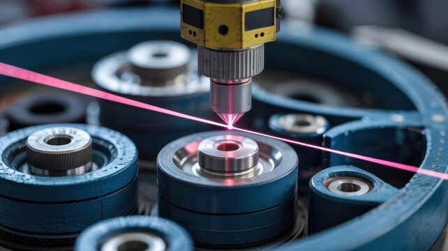 Laser measuring tool with belts and machinery parts in industrial setting for precise manufacturing process