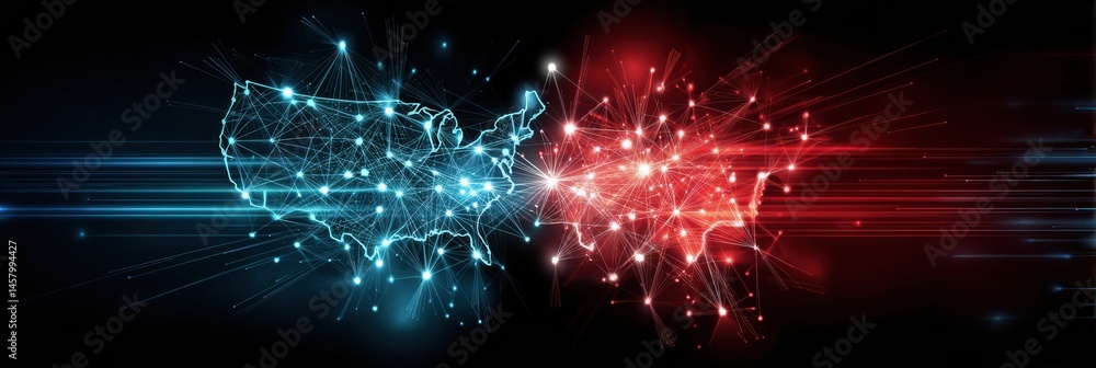 Poster US and China Flags Portrayed as Glowing AI Neural Networks Colliding in a Digital Confrontation Generative AI