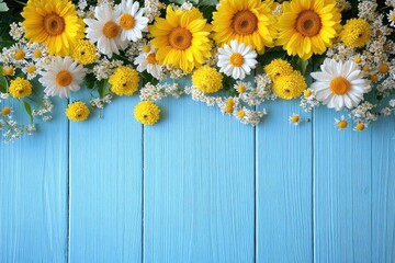 Obraz premium Yellow Sunflowers and White Daisies Border on Light Blue Wooden Background
