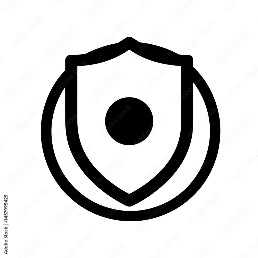 Poster black and white shield icon with circle center, symbolizing protection and security. design is simpl