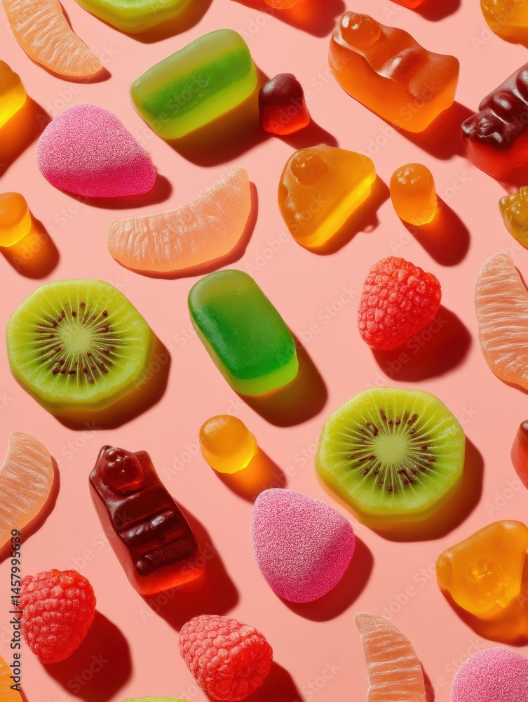 Poster Colorful Vitamin Gummies Arranged in an Appealing Layout on a Light Pink Backdrop Showcasing Various Fruit Shapes and Textures Generative AI