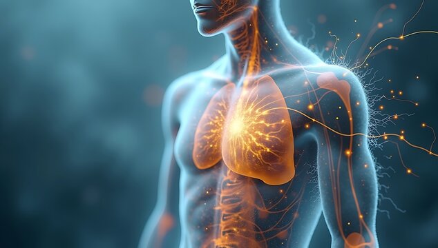  Neuroinflammation concept art showing microglia activation around neurons, surrounded by heat-map style gradient glow to signify depression and fatigue