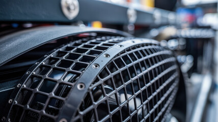 Protective metal grid with belts is part of industrial machinery ensuring safety and efficient operation in mechanical environment