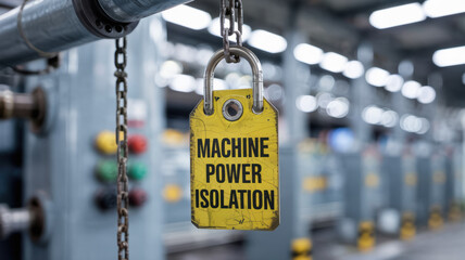 Machine power isolation tag secured with metal lock and chain in industrial machinery area with belts and equipment in background