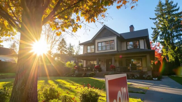 Beautiful Residential House with Sold Sign and Sunlight During Autumn in Scenic Neighborhood