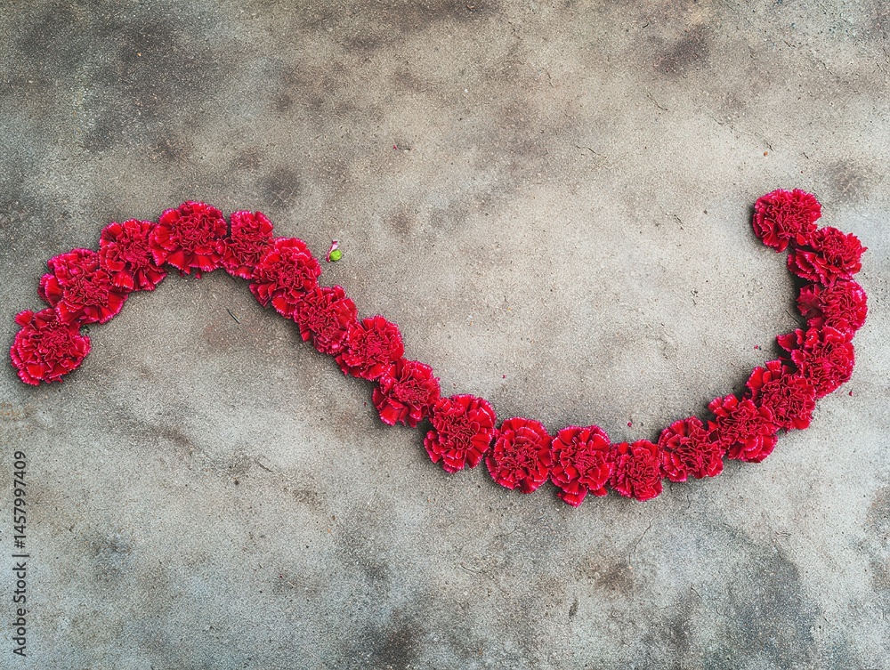Poster red carnations arranged in a curved pattern on a concrete surface.
