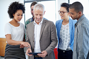 Man, smile and people on tablet in office for support, research and ideas of teamwork project...
