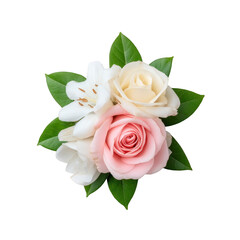 Fototapeta premium Delicate bouquet featuring pink rose, white rose, and white lily with green leaves, creating harmonious floral arrangement