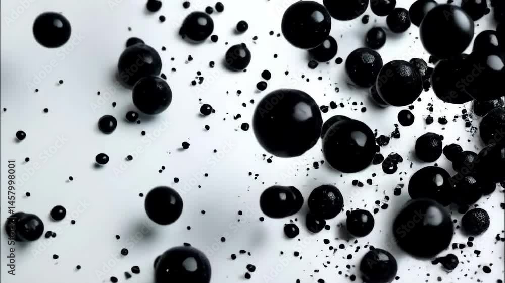 Poster dark liquid drops on white surface abstract background with spherical shapes and glossy texture