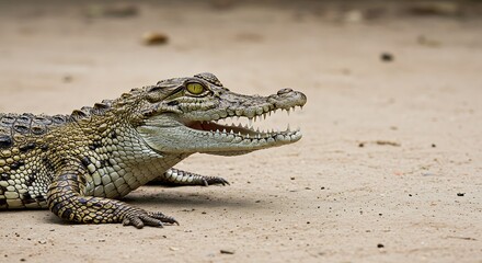 Obraz premium rustic still life, closeup shot of a crocodile on the left side of the frame, with empty space on the right for text or design elements. ,isolated on bright background, no text, ultra sharp detailed