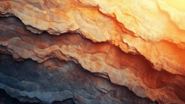 Sunset light washes over a rough, layered rock formation in nature