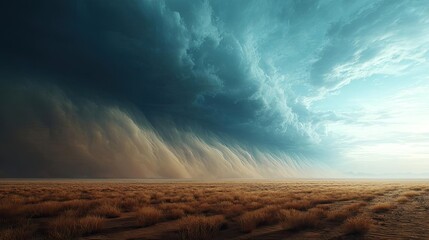 Obraz premium Panorama sand storm through desert with dark majestic skies concept. A dramatic sky over a vast landscape with swirling clouds.