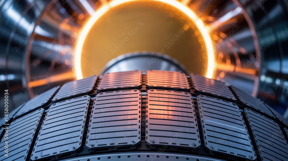 Poster solar panel machinery with belts in futuristic setting glowing with warm light creating dynamic indu