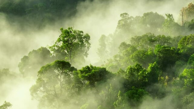 A peaceful aerial view of a foggy forest, where mist swirls around towering trees, revealing the lush greenery and evoking the tranquility of a pristine natural environment. Thailand.
