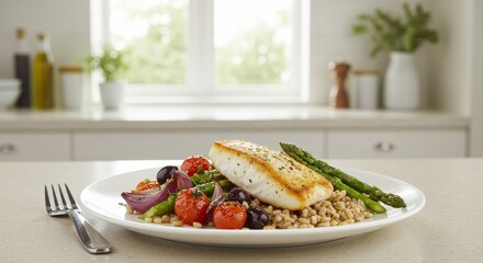 Delicious halibut fillet meal with farro and roasted vegetables on white plate