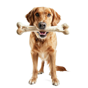Dog holding big white bone with his mouth, full body standing isolate on white background
