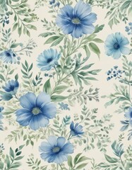 Delicate blue & green watercolor floral pattern on creamy white, petals, elegant, design