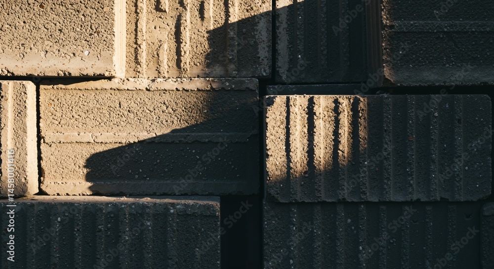 Poster close-up view of stacked concrete blocks with rough texture, illuminated by strong sunlight casting 