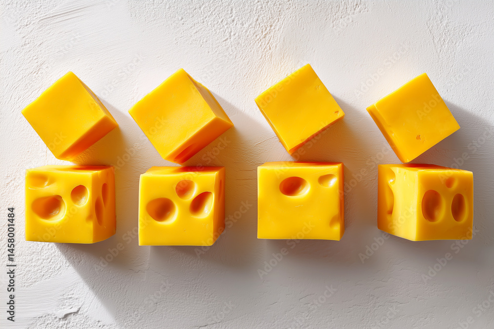 Poster cubes of classic cheddar cheese arranged in a minimalist style on clean white surface with soft shad