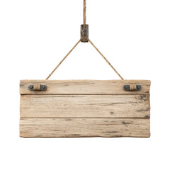 Rustic wooden sign hangs from rope, featuring weathered texture and vintage appearance. sign is blank, allowing for customizable text or design, and is suspended by sturdy rope