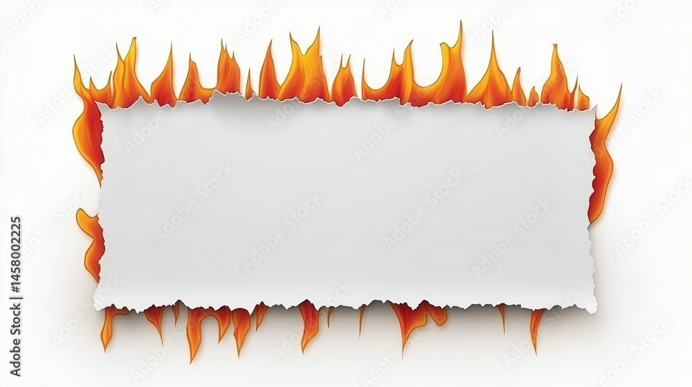 Poster blank torn paper sheet on fire illustration for message display graphic design element isolated on w