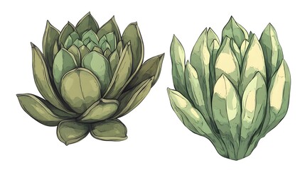 Two succulents in muted greens, botanical illustration.
