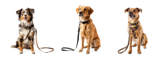 Dog holding leash, full body standing isolate on white background