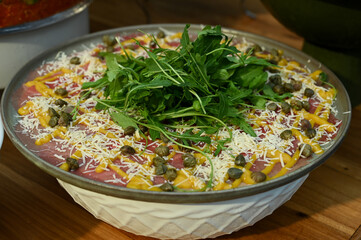 close up of carpaccio, carpaccio, raw food, beef carpaccio, table with food
