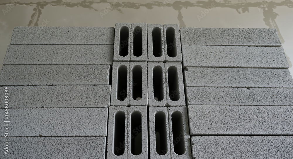 Poster stack of grey concrete blocks with hollow cores, commonly used as building material in construction 