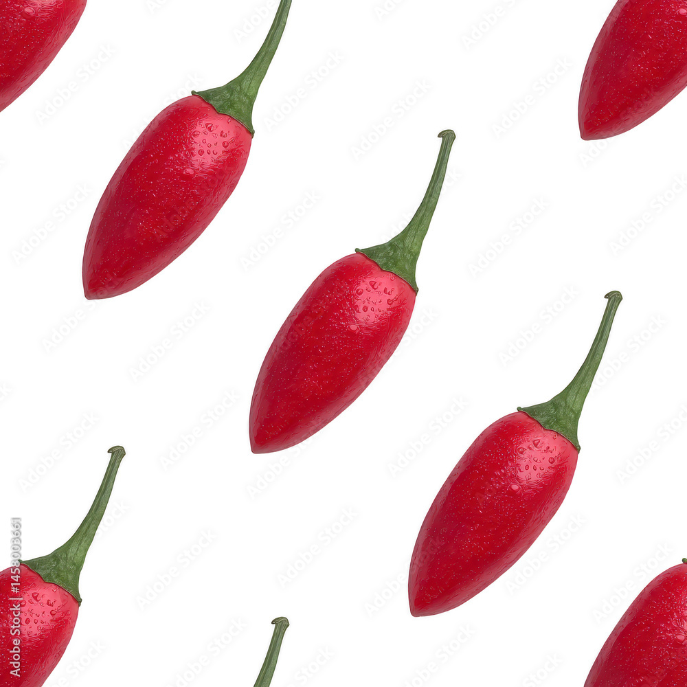 Poster red chili peppers with green stems are arranged in diagonal pattern on transparency background, crea
