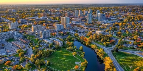 Aerial view of downtown Brampton, Ontario highlights urban development