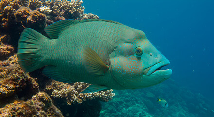 Fototapeta premium Vibrant Napoleon Wrasse Swimming Near Colorful Coral Reef in Clear Blue Ocean Waters Under Natural Light Marine Wildlife Photo