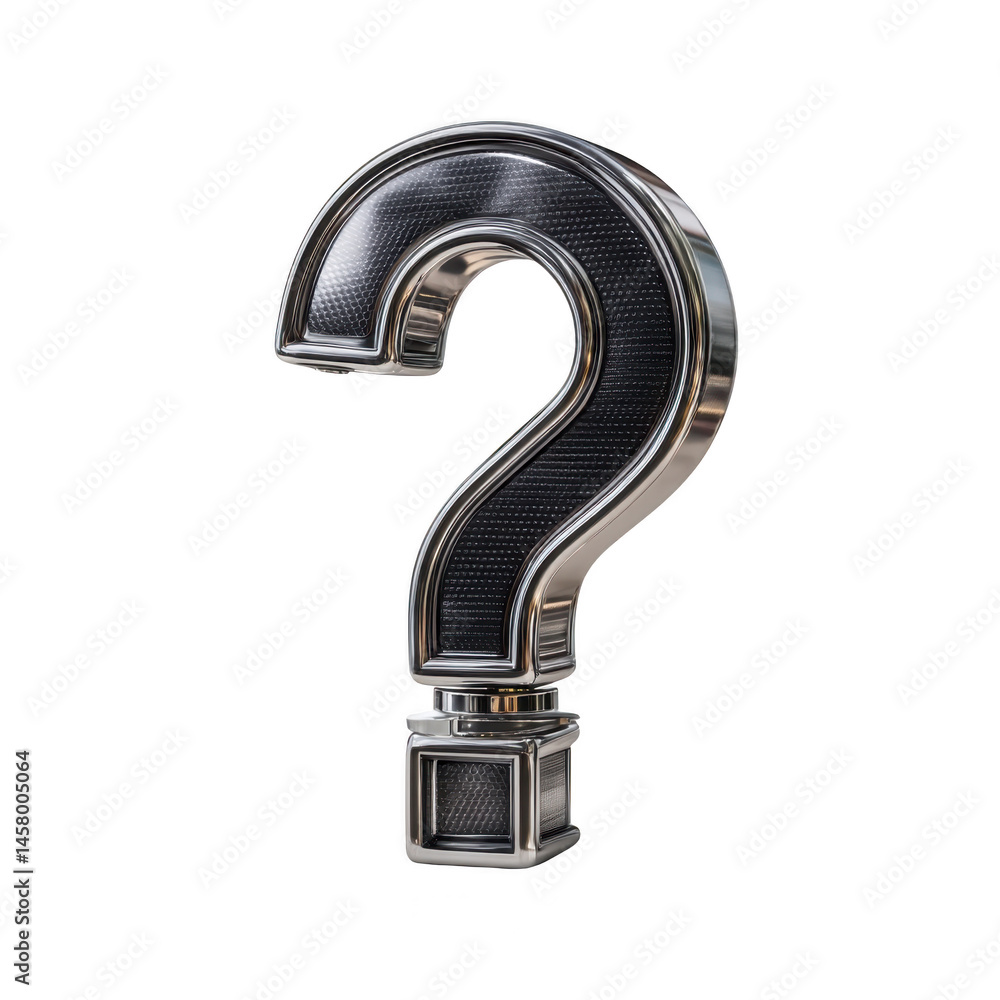 Poster shiny metallic question mark stands upright, reflecting light with sleek and modern design. surface 