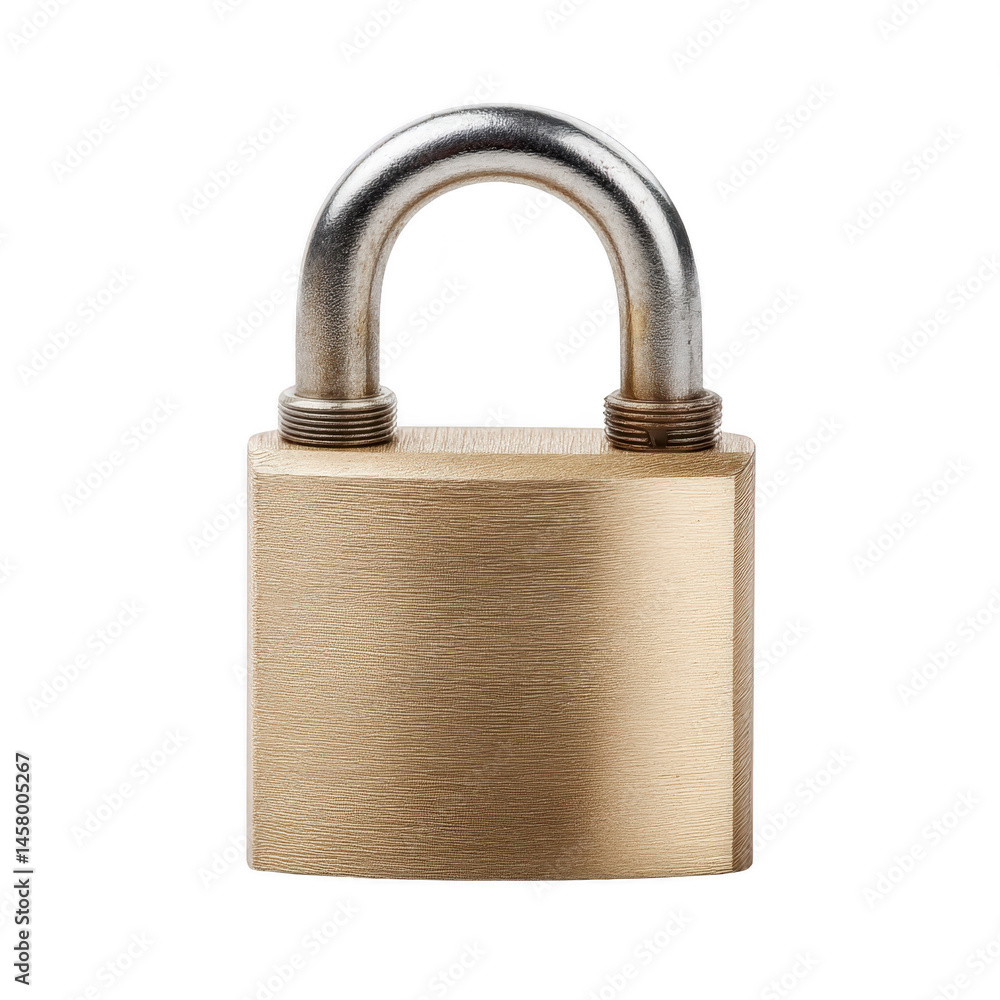 Poster sturdy brass padlock with silver shackle, symbolizing security and protection. lock is isolated on t