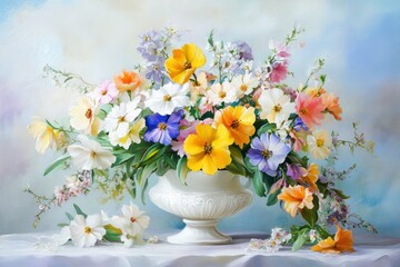 white ceramic vase overflowing with vibrant spring flowers, soft light, minimal background