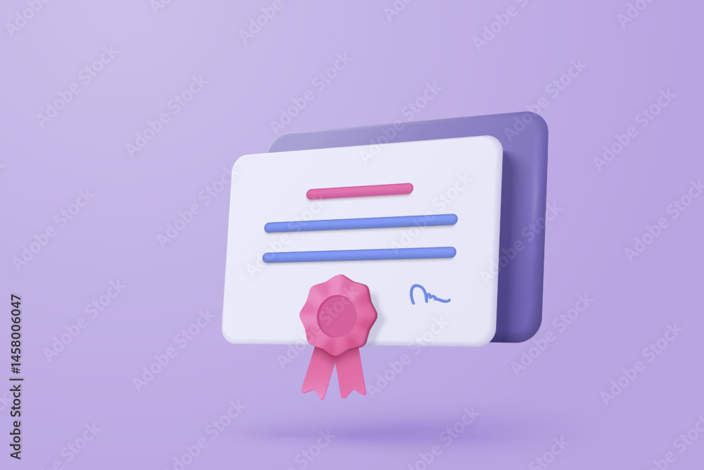 Poster 3d certificate or diploma icon with stamp and ribbon bow isolated background. white clipboard task m
