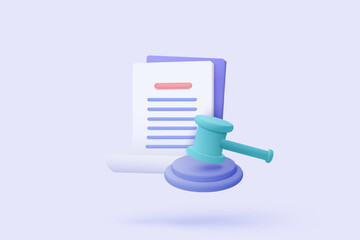 3D judge hammer minimal gavel concept of law icon on paper clipboard background. Professional lawyer, punishment, judgement, law advisor, advocate. Judge arbitrate courthouse concept 3d vector render